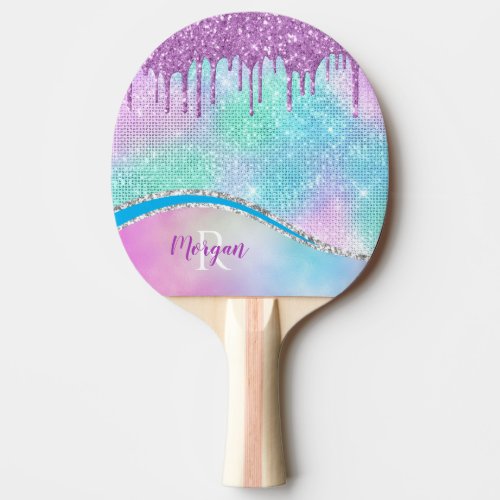 Purple Glitter Drips Iridescent Name  Monogram Ping Pong Paddle