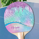 Purple Glitter Drips, Iridescent, Name & Monogram Ping Pong Paddle<br><div class="desc">Personalize with purple name and white monogram on teal,  blue and purple Iridescent background with Purple Glitter Drips.</div>