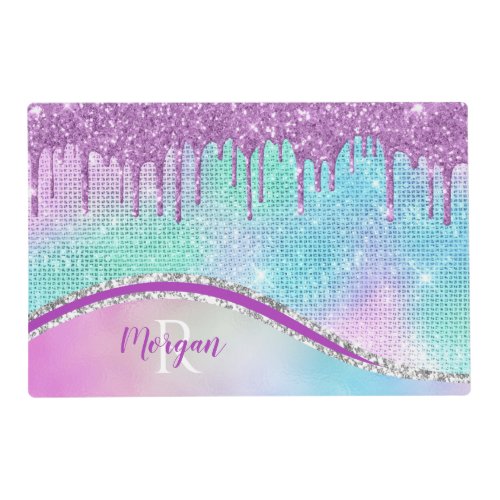 Purple Glitter Drips Iridescent Name  Monogram Placemat