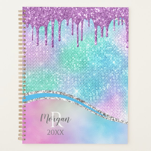 Purple Glitter Drips, Iridescent, Name & Monogram  Planner (Front)