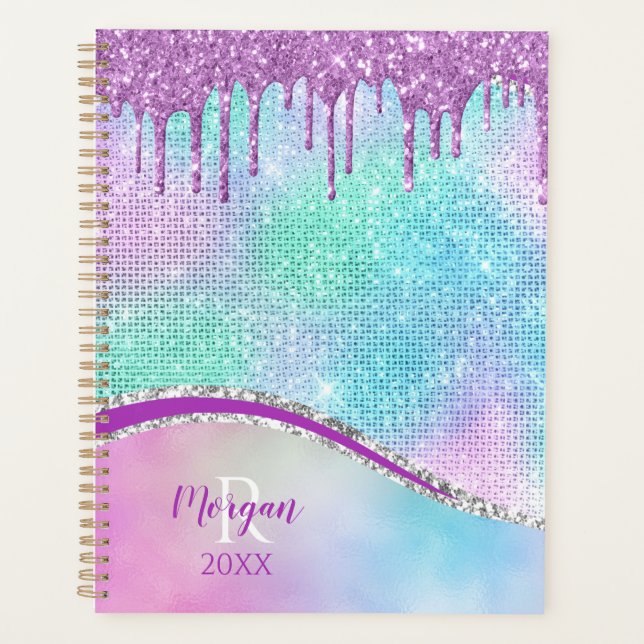 Purple Glitter Drips, Iridescent, Name & Monogram Planner (Front)