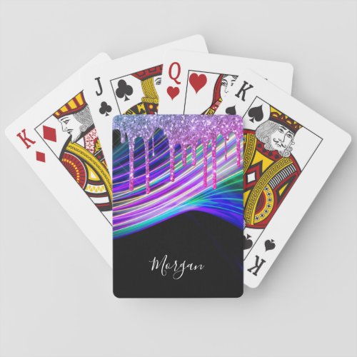 Purple Glitter Drips Light Rays Name on Black Poker Cards