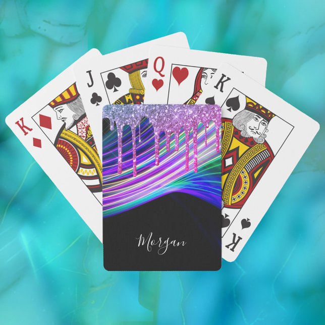 Purple Glitter Drips, Light Rays, Name on Black Poker Cards (Creator Uploaded)