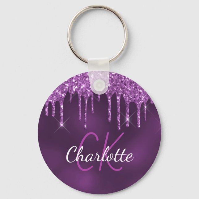 Purple glitter drips monogram initials elegant keychain (Front)