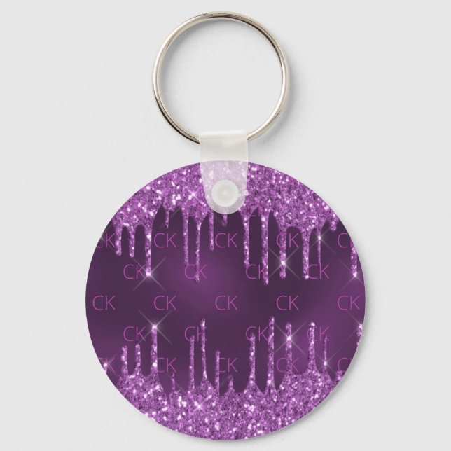Purple glitter drips monogram initials elegant  keychain (Front)