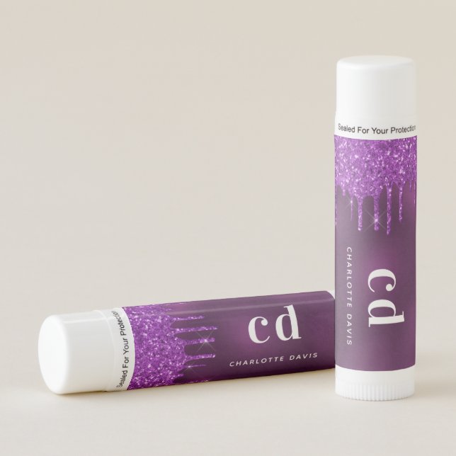 Purple glitter drips monogram initials lip balm (Front)