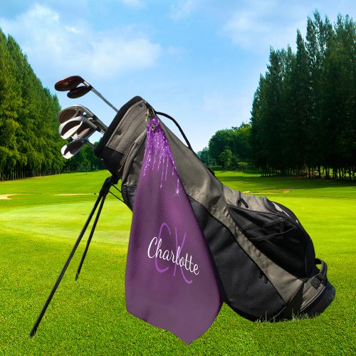 Purple glitter drips monogram initials name  golf towel