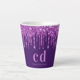 Purple glitter drips monogram initials name latte mug