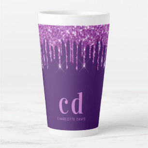 Purple glitter drips monogram initials name latte mug