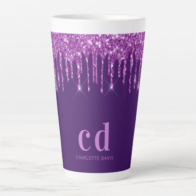 Purple glitter drips monogram initials name latte mug (Front)