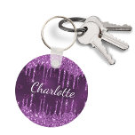 Purple glitter drips monogram initials name luxury keychain<br><div class="desc">A deep purple background decorated with faux glitter drips,  paint dripping look. The purple background color is uneven. Personalize and add your name and monogram initials.  Purple and white colored letters. The name is written with a modern hand lettered style script.</div>