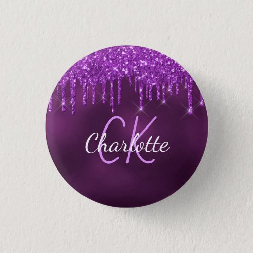 Purple glitter drips monogram name  button
