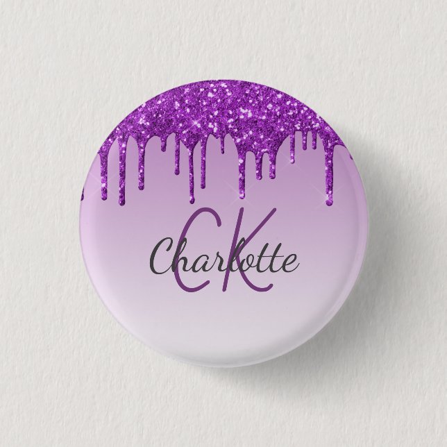 Purple glitter drips monogram name script button (Front)