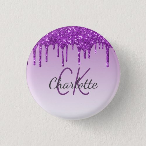 Purple glitter drips monogram name script button