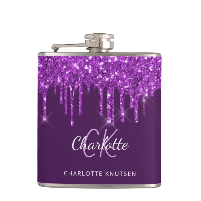 Purple glitter drips monogram name script  flask (Front)