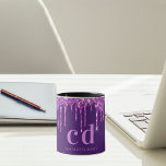 Purple glitter drips monogram name script mug<br><div class="desc">A girly and trendy monogrammed mug. A chic deep purple background decorated with faux glitter drips,  paint dripping look. Personalize and add a name and monogram initials. Purple colored letters.</div>