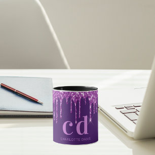 Purple glitter drips monogram name script mug