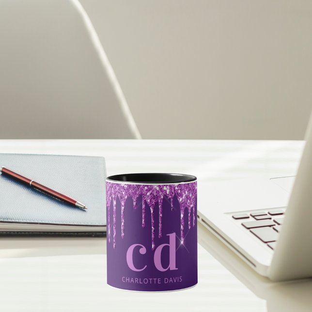 Purple glitter drips monogram name script mug (Creator Uploaded)