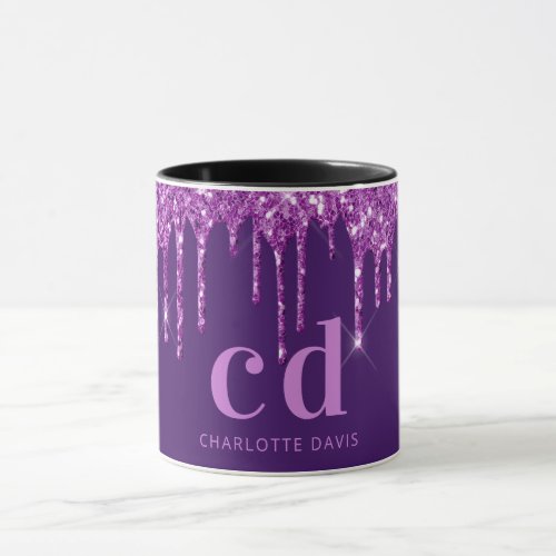 Purple glitter drips monogram name script mug