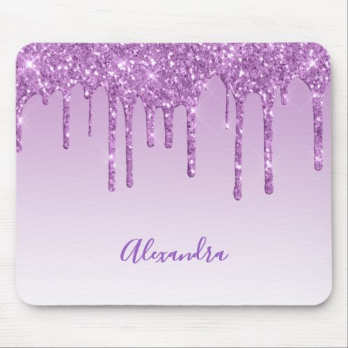 Purple glitter drips monogram name sparkle mouse pad