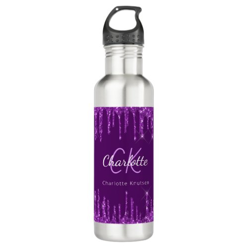 Purple glitter drips monogram name stainless steel water bottle