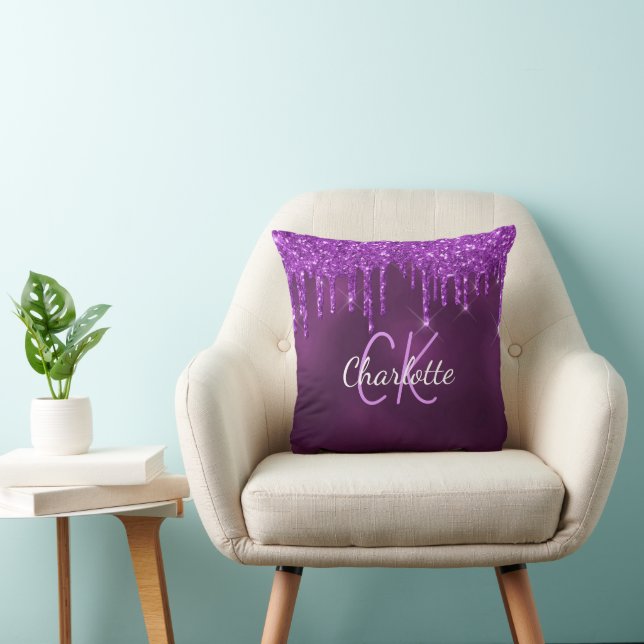 Purple glitter drips monogram name throw pillow (Chair)