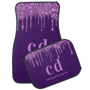Purple glitter drips name monogram initials car floor mat
