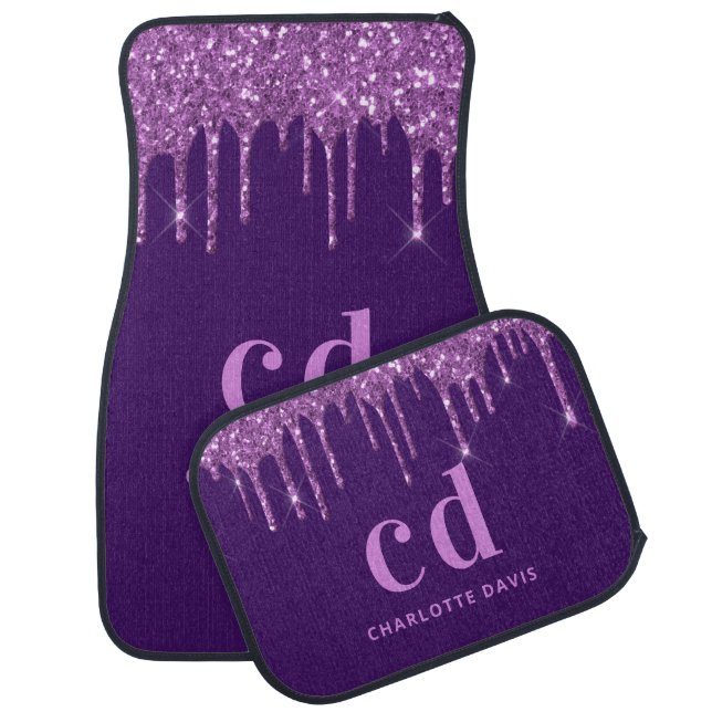 Purple glitter drips name monogram initials car floor mat (Set)