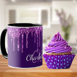 Purple glitter drips name monogram initials script mug<br><div class="desc">A girly and trendy monogrammed mug. A chic deep purple background decorated with faux glitter drips,  paint dripping look. Personalize and add a name and monogram initials. Purple and white colored letters. The name is written with a modern hand lettered style script.</div>