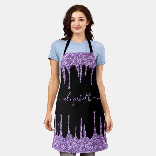 Purple Glitter Drips Personalized Black Apron