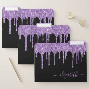 Purple Glitter Drips Personalized Black File Folder