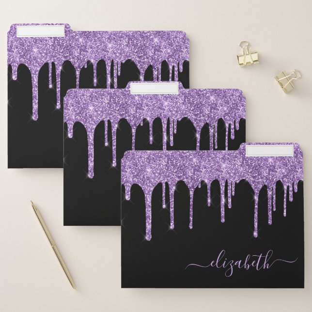 Purple Glitter Drips Personalized Black File Folder (Set)