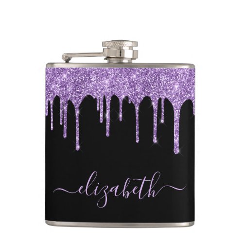 Purple Glitter Drips Personalized Black Flask