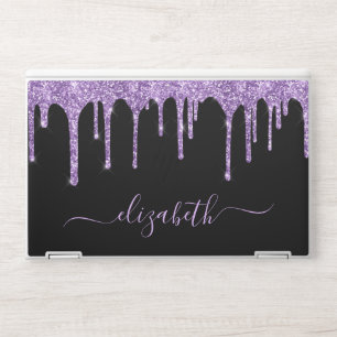 Purple Glitter Drips Personalized Black HP Laptop Skin