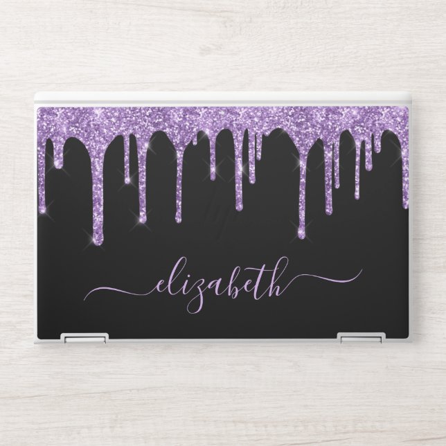 Purple Glitter Drips Personalized Black HP Laptop Skin (Front)