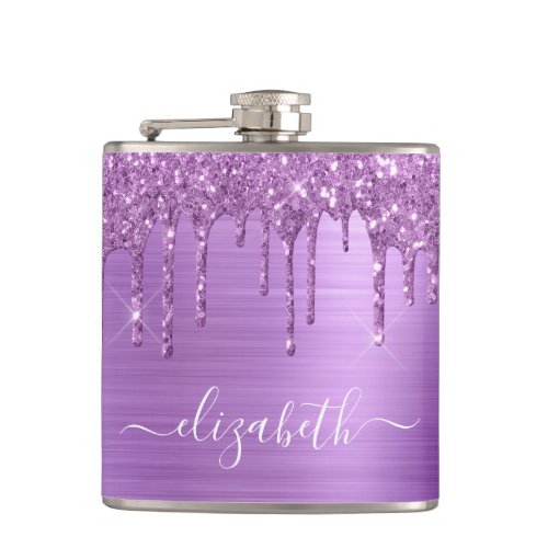 Purple Glitter Drips Personalized Flask