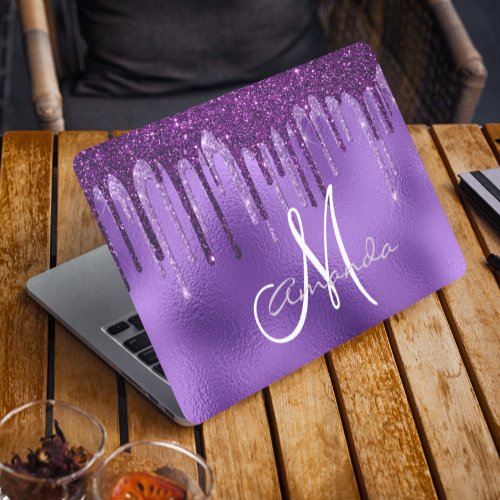 Purple Glitter Drips Personalized Monogram HP Laptop Skin