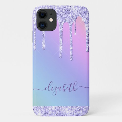 Purple Glitter Drips Personalized Rainbow iPhone 11 Case