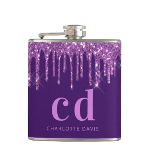 Purple glitter drips pink custom monogram name flask