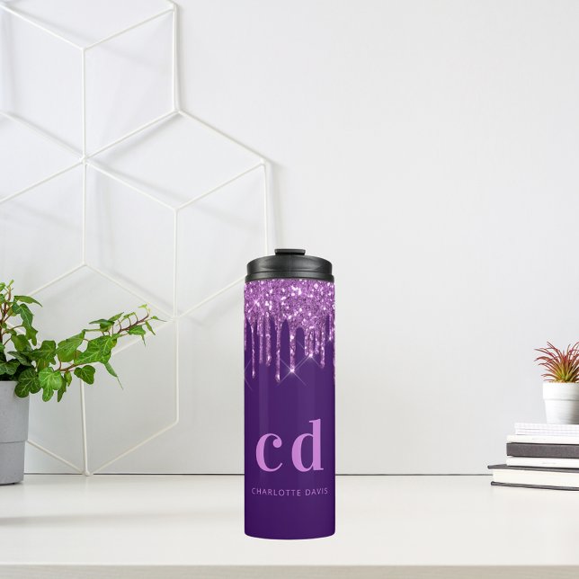 Purple glitter drips pink custom monogram name thermal tumbler (Creator Uploaded)