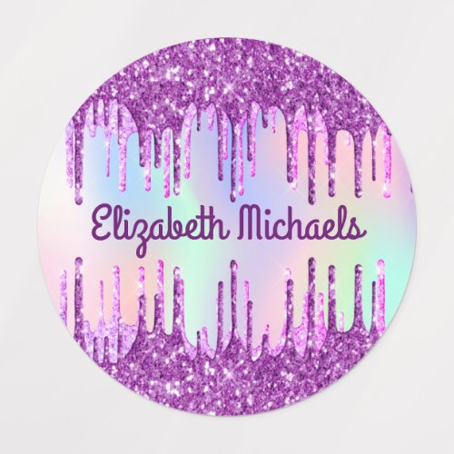 Purple glitter drips pink custom name holographic labels