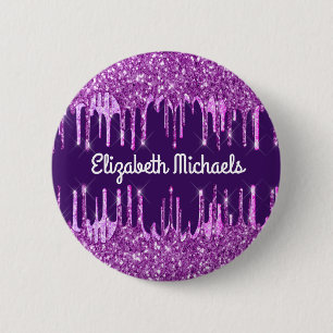 Purple glitter drips pink custom name tag  button