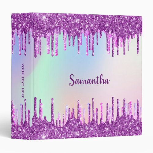 Purple glitter drips pink monogram holographic 3 ring binder