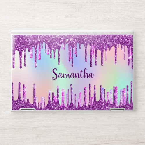 Purple glitter drips pink monogram holographic HP laptop skin