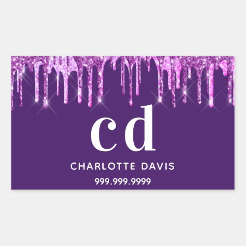 Purple glitter drips pink monogram initials name rectangular sticker