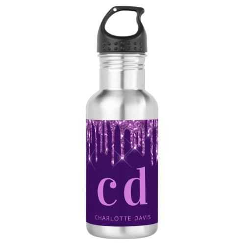 Purple glitter drips pink monogram name stainless steel water bottle