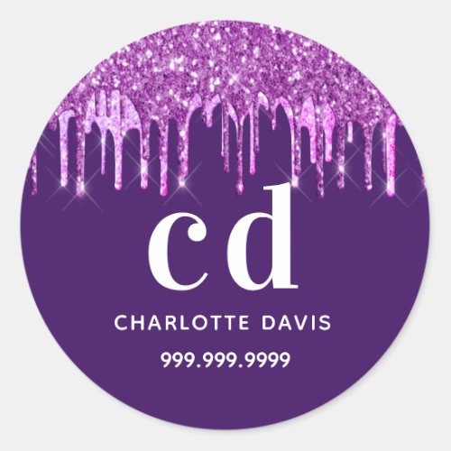 Purple glitter drips pink name classic round sticker