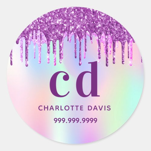 Purple glitter drips pink name holographic classic round sticker