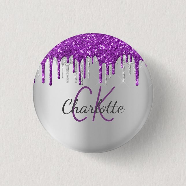 Purple glitter drips silver monogram name button (Front)