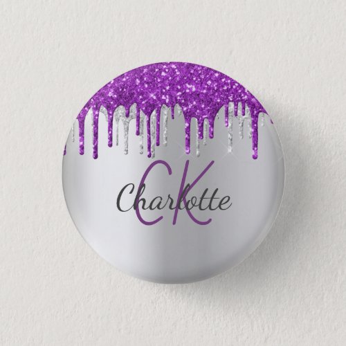 Purple glitter drips silver monogram name button